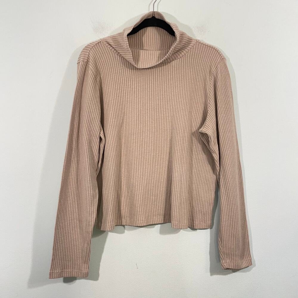 Aritzia Babaton Women's Oatmeal Ribbed Funnel Neck Long Sleeve Top Size XL